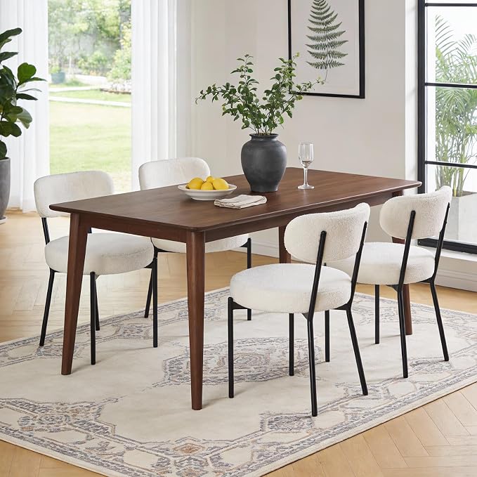 DUMOS Dining Chairs Set of 6, Mid Century Modern Chair Round Upholstered Curved Backrest, Kitchen Vanity Living Room Chairs with Black Metal Legs,Classic Beige