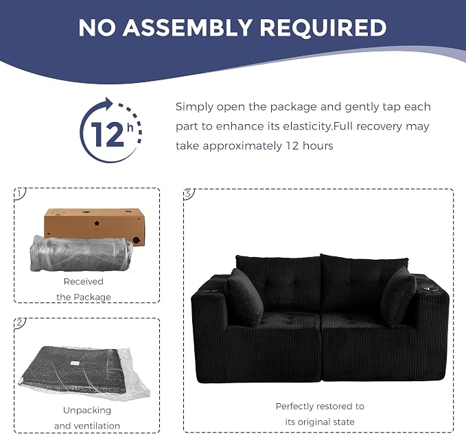 MAXYOYO Modular Sectional Sofa Couch, Loveseat Boneless Cloud Couch for Living Room, Sofa in A Box, Tufted Upholstered Cozy Chair with Cup Holders, No Assembly Required, Black