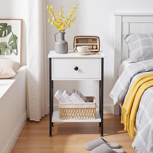 VECELO Nightstand,Modern Bedside End Table, Night Stand with Drawer and Storage Shelf for Living Room Bedroom, Industrial Metal Frame
