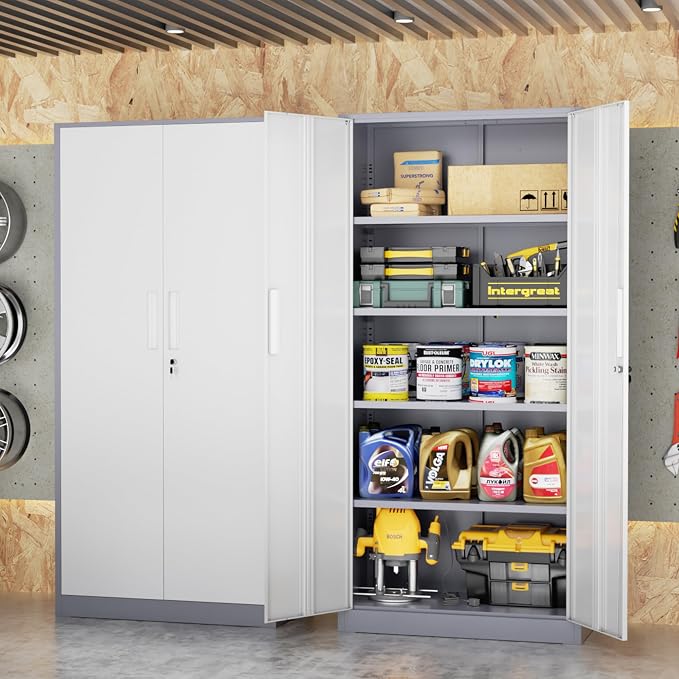 Bonusall 72" Metal Garage Storage Cabinet, Heavy-Duty Steel Cabinet with 2 Locking Doors & 4 Adjustable Shelves for Home, Office, or Workshop Organization(White Grey)