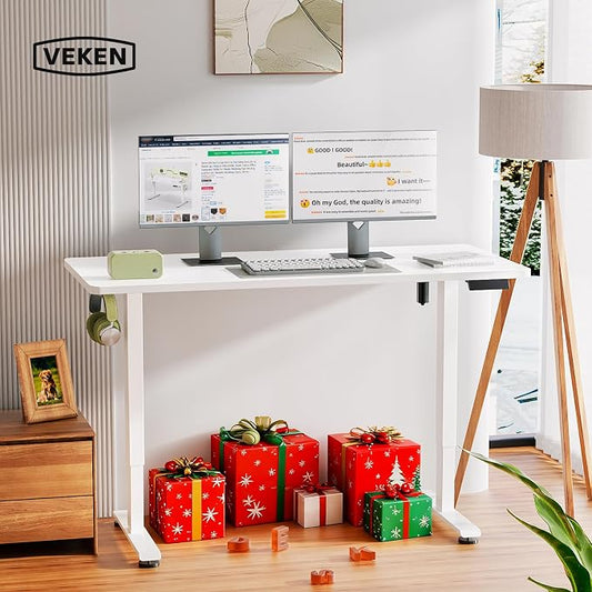 Veken 55 Inch Large Electric Standing Desk,Sit to Stand Up, Heights Adjustable, Work Home Office Computer Table for Study, Walking Pad, Writing, and Games, Wooden Desktop Desks, White