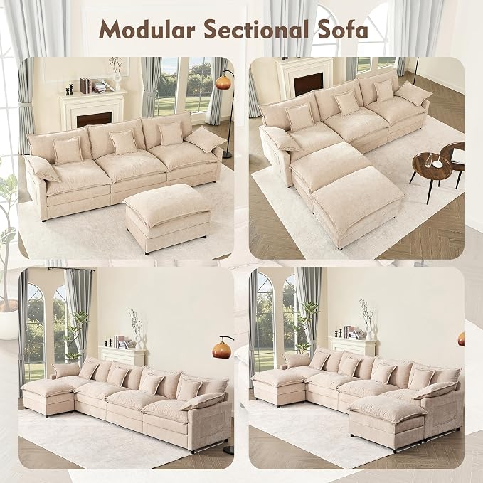 GOSUHI 108" U-Shaped Modular Cloud Couch, Chenille Flat White | Cloud Comfort, Deep Seat, Couches for Living Room, Removable&Machine-Washable Covers, Movable Ottoman, Modular Sectional Sofa