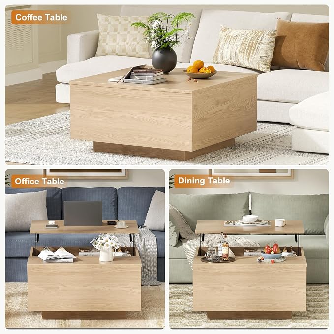 FABATO Lift Top Coffee Table, Wood Square Coffee Table with Storage, Farmhouse Coffee Tables with Hidden Storage Compartment, Center Table with Lifting Tabletop for Living Room, Home Office, Natural
