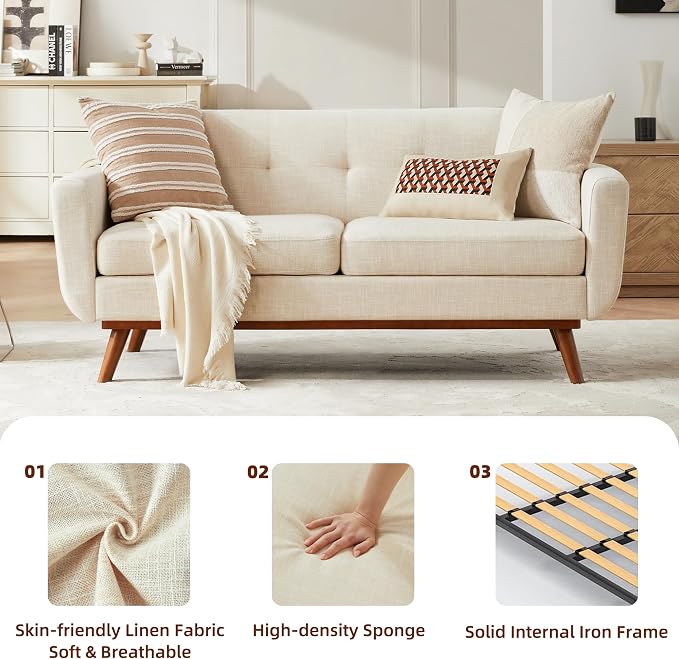 Kingfun 65.2" W Loveseat Sofa, Mid Century Modern Decor Love Seat Couches for Living Room, Button Tufted Upholstered Furniture, Easy to Install Small Couch for Bedroom Office Apartment, Cream White