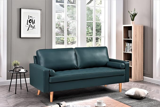 Container Furniture Faux Leather Sofa for the Modern Living Room with Removable Cushions and Solid Wood Legs, Luxury Style Button-Tufted Couch, 69.68" Wide, Dark Ocean Blue