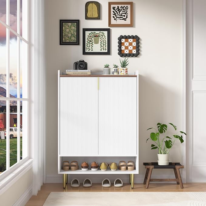 Modern Shoe Storage Cabinet, 7-Tiers White Shoes Cabinet with Fluted Doors, 45 inch Tall Wooden Shoe Organizer with 4 Adjustable Shelves, Storage Cabinet for Entryway, Hallway, Front Door