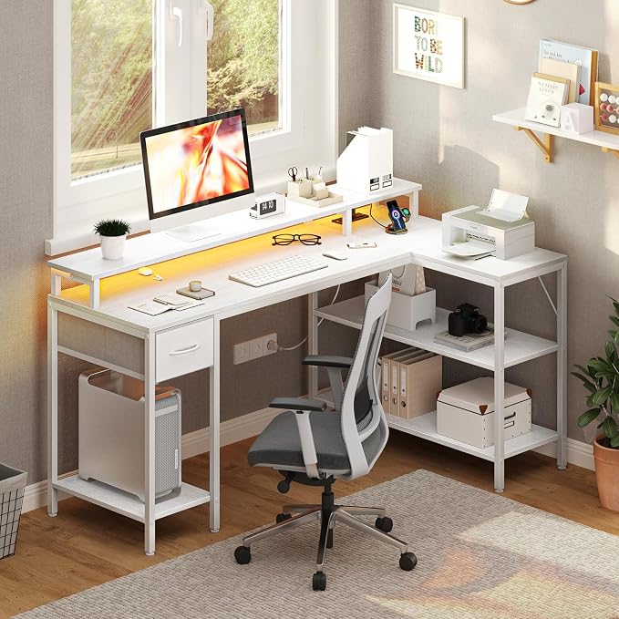DUMOS 53" Gaming Desk with USB Charging Ports & LED Lights, Reversible L-Shaped Corner Computer Table for Small Spaces, Power Outlets, Monitor Stand & Storage Shelves Included, White