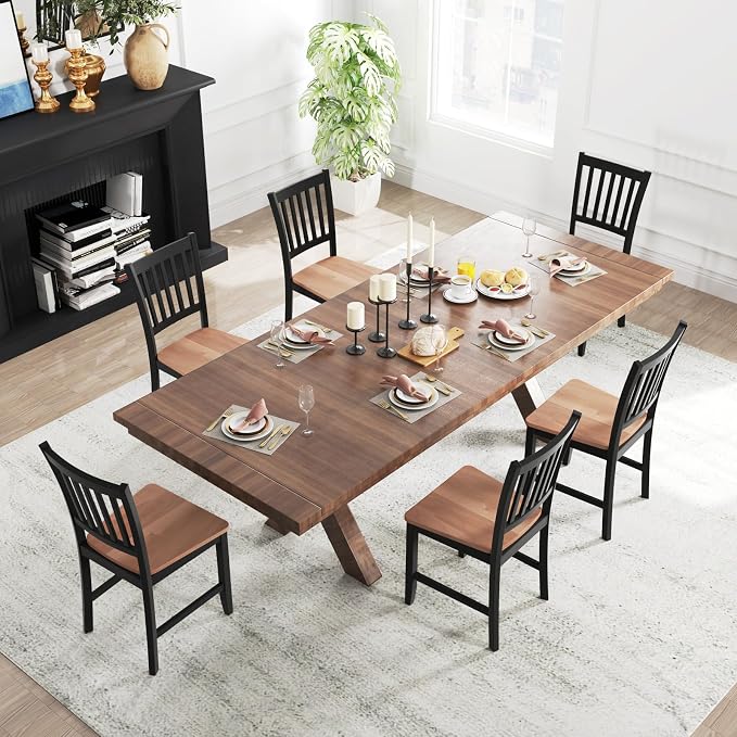 COSTWAY Dining Chairs Set of 4, Mid Century Modern Dining Room Chairs with Solid Rubber Wood Legs and Curved Backrest, Kitchen Chairs for Home, Living Room, Restaurant, Black & Walnut