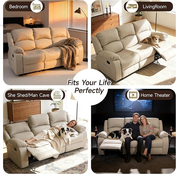 Reclining Couch Sofa Set Anti-Scratch Leather Recliner Couch Loveseat for Living Room, Bedroom, RV, Theater Seating(3 Seat Sofa+Loveseat,Beige)