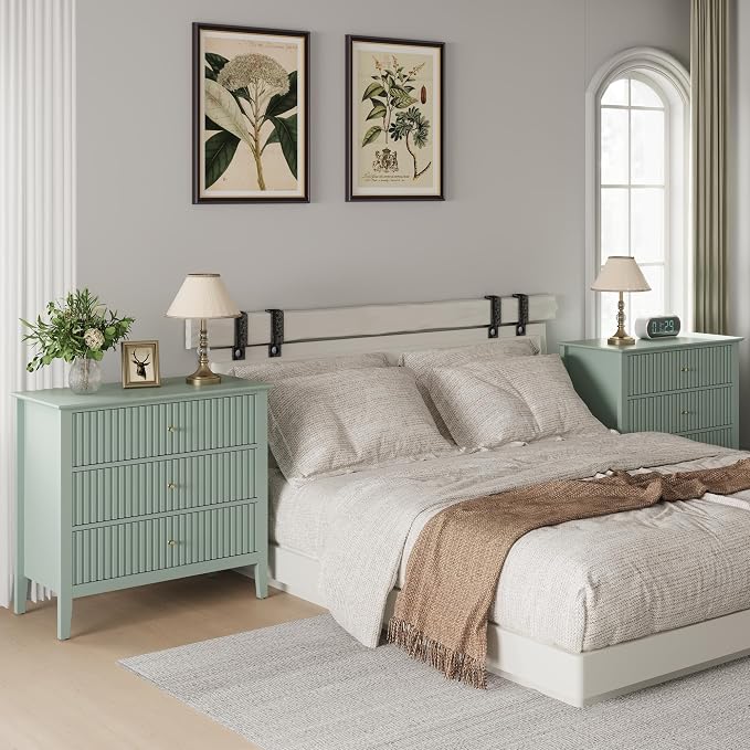 RoyalCraft 32" Large Nightstand Set of 2, Fluted Painted Bedside Table with 3 Spacious Drawers, Modern Tall End Table for Bedroom, Milky Green