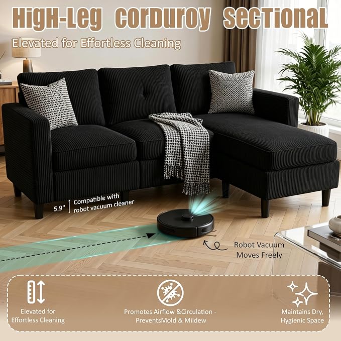 Convertible Sectional Sofa with Storage Ottoman, 77” L-Shaped 3-Seat Couch with Skin-Friendly Corduroy Fabric, Reversible Small Sectional for Small Space, Apartment, Living Room and Office(Black)