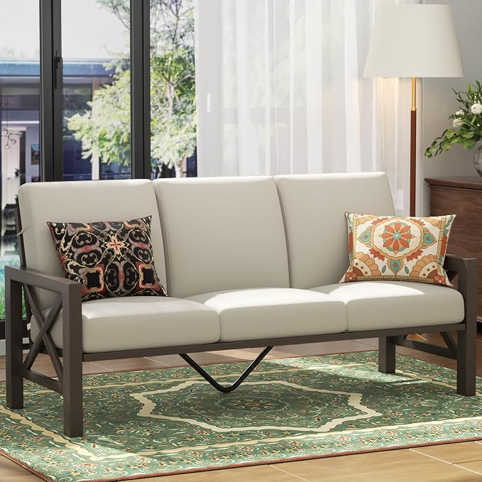 NATURAL EXPRESSIONS Patio 3 Seater Sofa Patio Furniture Set Outdoor Deep Seating Couch with 6.5'' Thick Olefin Cushion,High Back Metal Frame for Garden,Front Porch, Deck, Balcony, Backyard