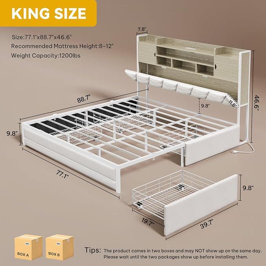DWVO King Size Bed Frame with RGB LED Lights & Storage Bookcase Headboard, Upholstered Bed with Charging Station and 4 Drawers, No Box Spring Needed, Easy Assembly, Noise-Free, PU Leather White