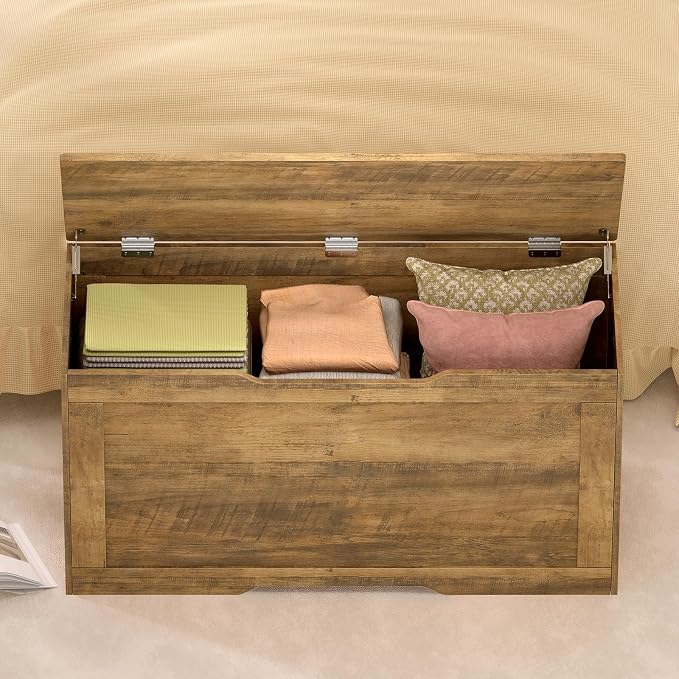 usikey 39.4” Storage Bench, Toy Box with 2 Safety Hinges, Lift Top Storage Chest, Toy Chest for Living Room, Bedroom, Entryway, Honey Brown