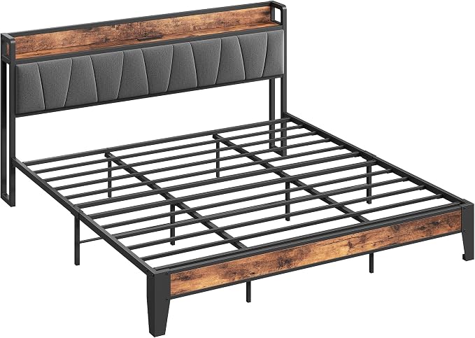 LIKIMIO King Size Bed Frame, Storage Headboard with Charging Station, Solid and Stable, Noise Free, No Box Spring Needed, Easy Assembly