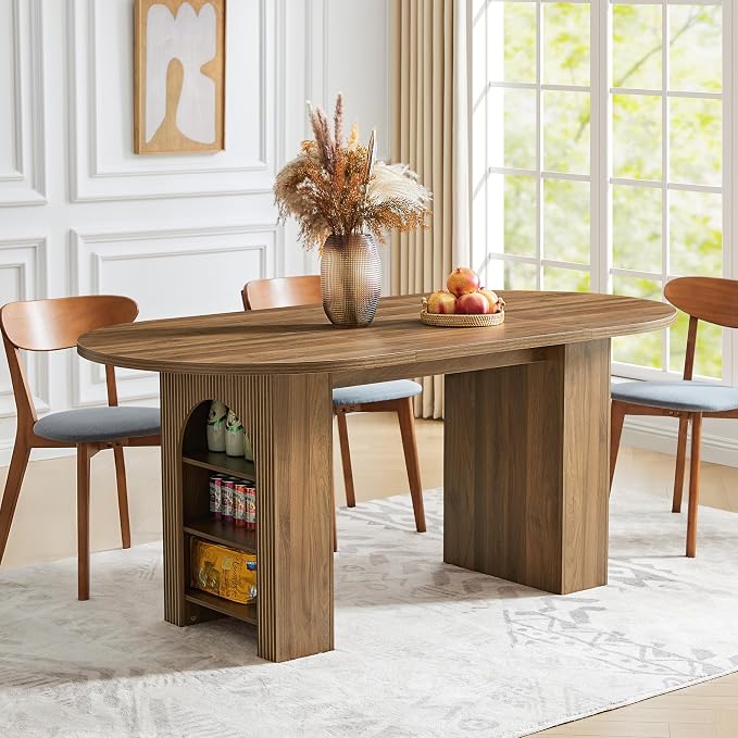 weselon 70.8" Oval Dining Table with Dual Side Storage Shelves, Rustic Farmhouse Table for 4–6 People, Modern Wooden Round Dinner Table for Kitchen, Reception, or Living Room (Walnut, Table Only)