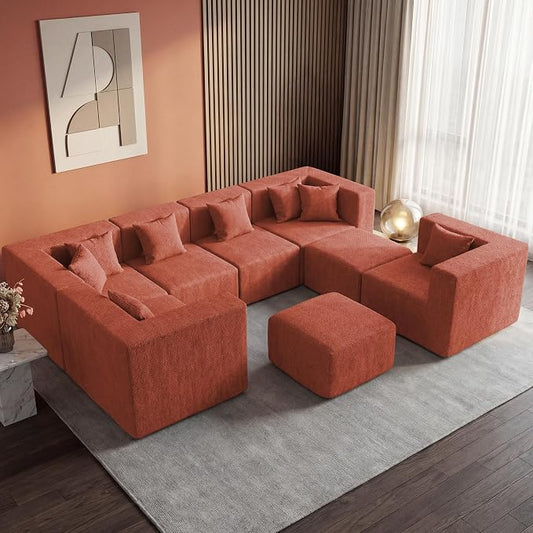 MONVANE Modular Sectional Sofa, Oversized 8 Seat Convertible U Shaped Couch with Ottoman, Comfy Chenille Cloud Couch with Deep Seat, Sectional Couches for Living Room, No Assembly Required, Rust Red