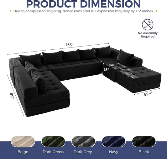 MAXYOYO Modular Sectional Sofa Couch, Foldable Oversized U Shaped Cloud Couch with Pillows, Tufted Boneless Lounger Floor Sofa Bed for Living Room, No Assembly Required, Black
