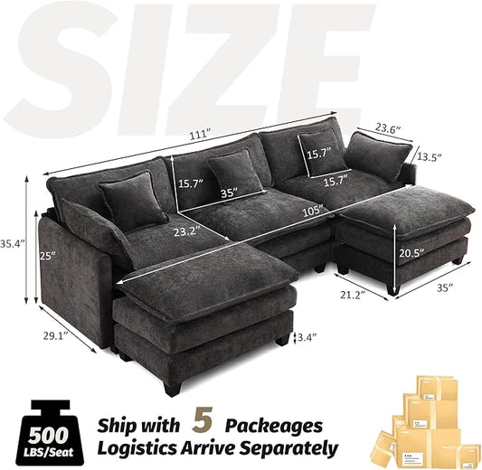 111'' Sectional Cloud Deep Seat Couch, Oversized Chenille U Shaped Sectional Sofa for Living Room Set, Comfy Upholstered Modular 5-Seats Sectional Sofa Couch with 2 Movable Ottoman, Dark Grey