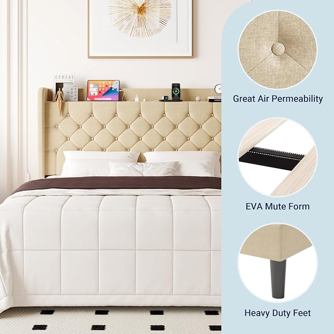 Allewie Queen Size Bed Frame, Storage Headboard with Charging Station, Wingback Linen Upholstered, Diamond Stitched Button Tufted, Sturdy Wooden Slats, No Box Spring Needed, Easy Assembly, Beige