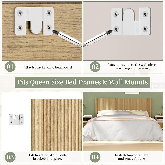 Queen Size Headboard Only, Modern Fluted Wall-Mounted Head Board with Lighting, Boho Wood Bed headboard Stylish Bedroom Decor, Natural