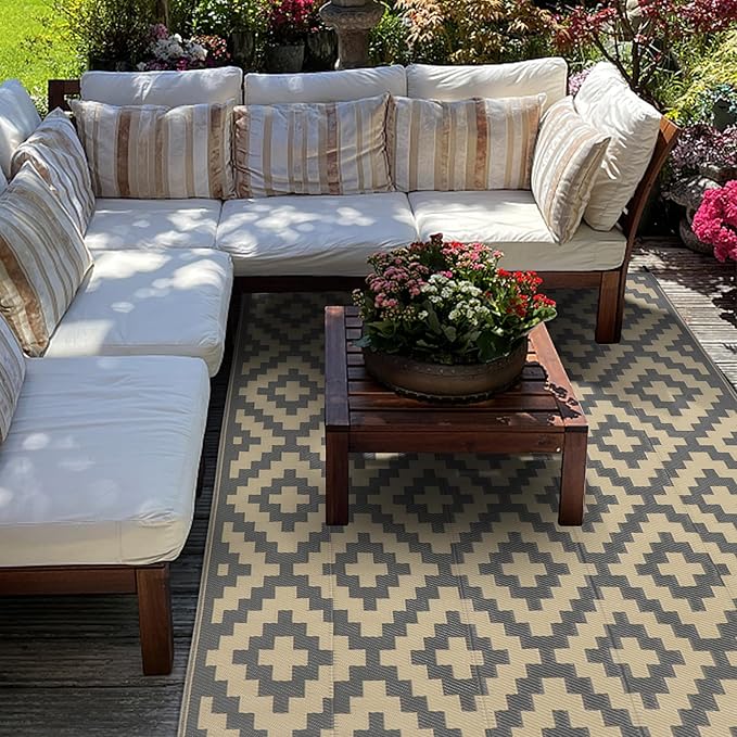 SAND MINE 6 x 9 Ft Reversible Mats, Plastic Straw Rug, Modern Area Rug, Large Floor Mat and Rug for Outdoors, RV, Patio, Backyard, Deck, Picnic, Beach, Trailer, Camping, Grey & Tan