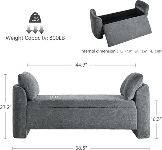 Usaint 58.3" Storage Ottoman Bench with Pillows, Upholstered End of Bed Bench with Arms, Footrest Stool Bench for Bedroom, Living, Window, Entryway and Hallway, Charcoal