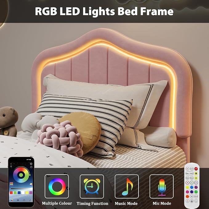 Twin Upholstered Bed Frame with Storage Drawer and Smart Led Headboard, Twin Size Platform Bed Frames for Kids, Wooden Slats Support, No Box Spring Needed, Easy Assembly, All Pink