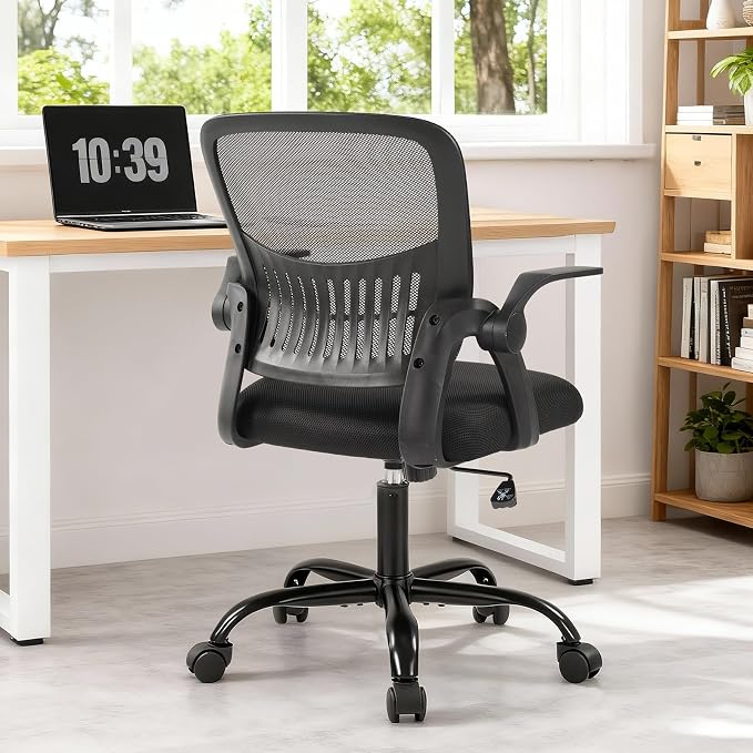 DUMOS Home Office Desk Chair - Ergonomic Computer Mesh Chair with Lumbar Support & Rocking Mode, Height Adjustable, Flip-up Armrest, for Conference, Meeting Room, 360° Swivel, Adults, Black