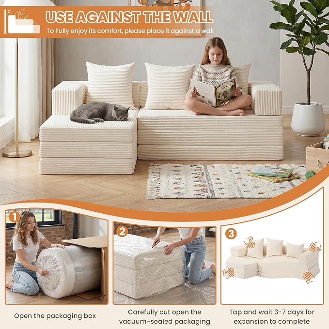 65" Boneless Couch,Convertible Sleeper Sofa Bed, Modular Sectional Sofa, Modern Tri-Folding Cloud Couch with L-Shape Chaise, Corduroy Futon Couches for Small Spaces Apartment,No Assembly