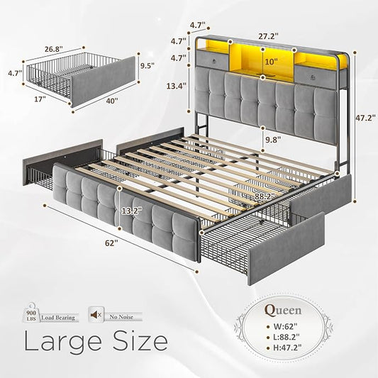 EnHomee Queen Bed Frame with 6 Storage Drawers and 2-Tier Velvet Upholstered Headboard,Modern Bed Frame with LED Lights&Charging Station,No Box Spring Needed,Noise-Free, Easy Assembly,Sturdy,Grey