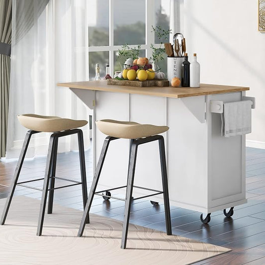 Large Kitchen Island with Rubber Wood Drop Leaf, Rolling Kitchen Cart with Ample Storage on Wheels with Doors and Drawers for Dining Room (Modern White, White Handle, 53Inch)