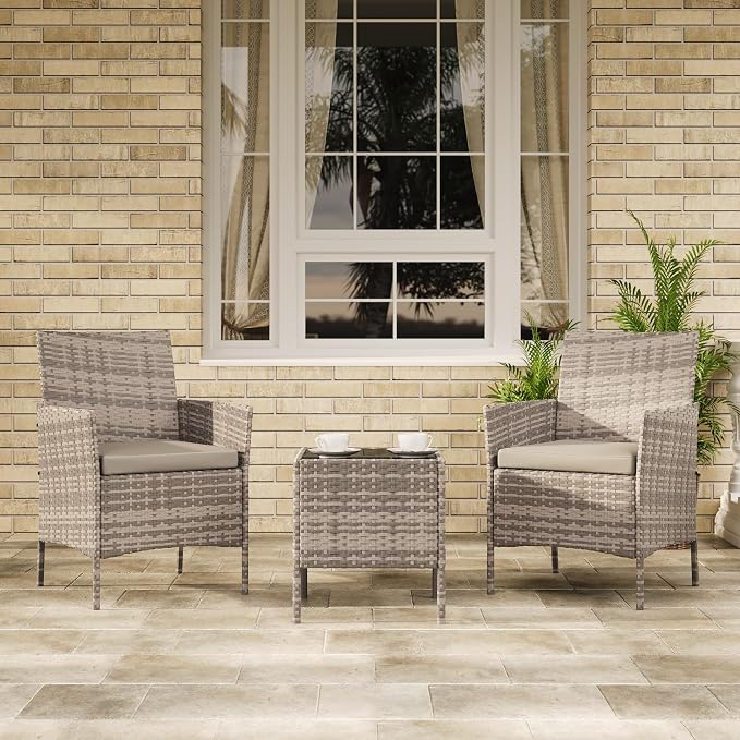 3-Piece Outdoor Furniture Set, PE Rattan Wicker Chairs with Soft Cushions & Tempered Glass Coffee Table - All-Weather Patio Set for Garden, Backyard, Porch, Poolside (Gray/Light Gray)