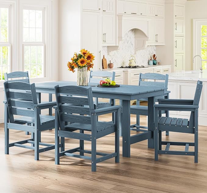 SERWALL 7-Piece Patio Dining Table Sets, Outdoor HDPE Dining Furniture Set with Umbrella Hole Cut-Out Table and 6 Chairs, Blue