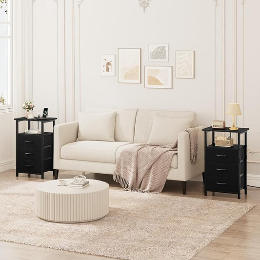 Vagusicc Nightstand Set of 2 with Charging Station, Bedside Table with USB Ports and Outlet, End Table Side Table with 3 Fabric Drawers and Storage Shelf, Bed Side Table Night Stand for Bedroom, Black
