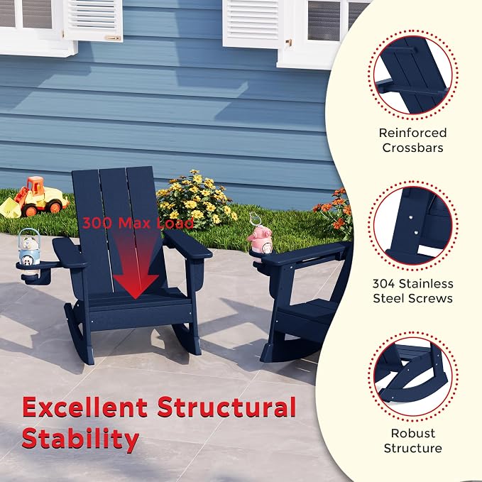 Costaelm Palms 3-Piece Kids Table and Chairs Set with Modern Toddler Rocking Chairs and Cup Holders, Navy Blue