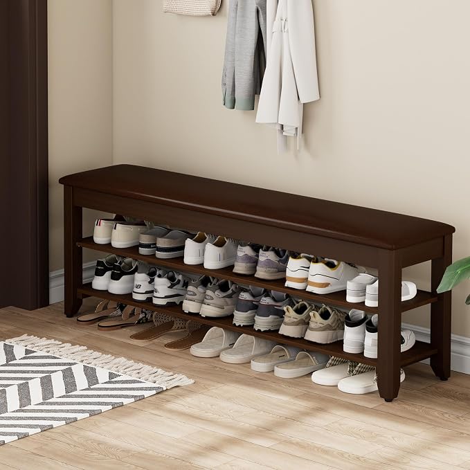 Homleke 2-Tier Solid Wood Shoe Rack Bench with Flip-Top Storage | Entryway Bench with Cushion, Adjustable Shelf, Holds Up to 12 Pairs, for Hallway, Bedroom and Closet, Walnut, 47.2 Inch