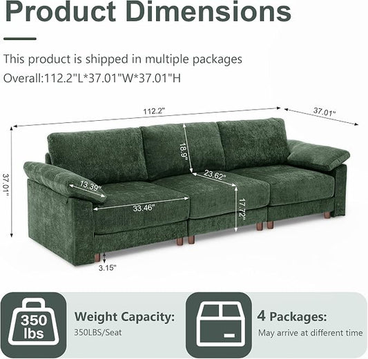 Oversized L Shaped Sectional Couch for Living Room, Extra Large Deep Seat Modular Sectional Sofa with Washable Covers, Modern Cloud Couch for Apartment, Bedroom (Green, 3 Seater)