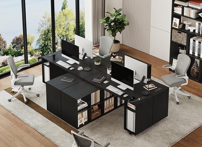 BOSHIRO Black L-Shaped Computer Desk with Storage Shelves, Small Study Writing Desk with Charging Station, 67” Bedroom Side Table & 360° Rotating Desk for Living Room