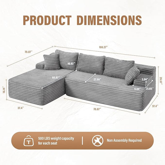 Hobestluk Boneless Couch Modular Sectional Sofa L-Shape Oversized Chaise | 108" Left Facing Chaise Pale Gray,Memory Foam,Removable Cover,Non-slip Bottom,No Assemble Required,Living Room Furniture