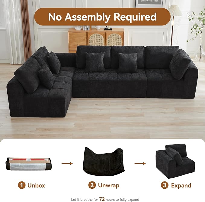 140''Modular Sectional Couches for Living Room, Cloud Boneless Compressed Sectional Sofa, Oversized L Shaped 5 Seater Upholstered Memory Foam Sofa, No Assembly, Chenille Black