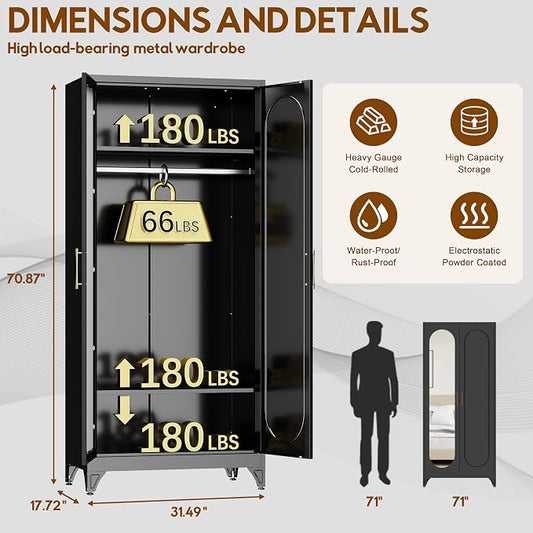 UNICOLY Metal Wardrobe Cabinet with Mirror Doors,71" Tall Armoire Wardrobe Closet with Hanging Rod and Adjustable Shelves,Black Clothing Storage Cabinets for Bedroom, Living Room,Office