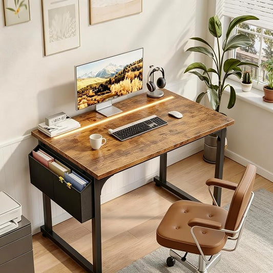 DurayLoly 32" Computer Desk with Waterproof LED Lights,Bedroom Study Desk for Teens,Dorm Room Essentials,Headphone Hook&Storage Bag for Small Spaces,Sturdy Metal Frame,Rustic Brown