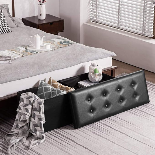 YOUDENOVA Folding Storage Ottoman, Faux Leather Ottoman Bench Footrest Ottoman, Storage Chest Padded Seat for Bedroom and Living Room, Black,15" D x 43" W x 15" H