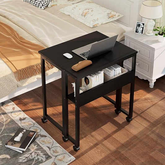 GreenForest Folding Desk with Wheels, 24.8 Inch Compact Rolling Computer Table with Storage Shelf, Portable Mobile Workstation for Small Spaces, Easy Assembly, Black