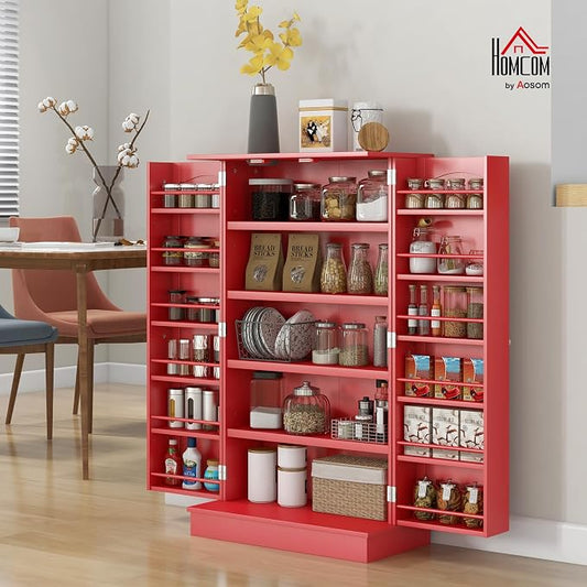HOMCOM 41" Kitchen Pantry Storage Cabinet, Freestanding Kitchen Cabinet with 12 Door Shelves, Double Doors, 5-Tier Shelving and Adjustable Shelves, Red
