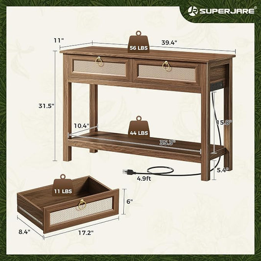 SUPERJARE Rattan Console Sofa Table with Outlets and USB-C Port, 2 Drawer Entryway Table with Synthetic Rattan Surface, 39 Inch, Open Shelf, Behind Couch Entry Foyer Hallway Storage, Brown