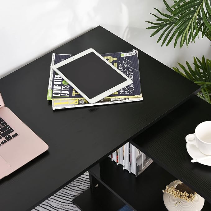 HOMCOM L Shaped Desk, Corner Computer Desk, 360 Degree Rotating Home Office Desk with Storage Shelves, Writing Table Workstation, Black