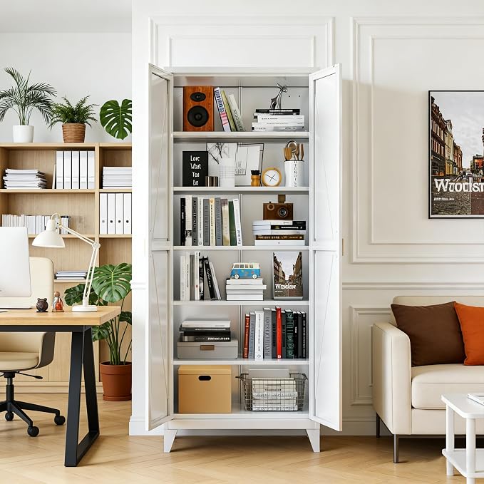 75.3 in Metal Kitchen Pantry Cabinet, White, 5 Adjustable Shelves | Tall storage cabinet with doors and shelves for kitchen pantry, laundry, utility room, office, garage, and food storage