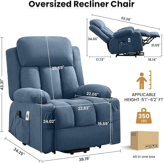 MAHOMICO Power Lift Recliner Chair for Elderly with Vibration Massage and Lumbar Heating Oversized Single Sofa with Cup Holder and USB Charge Port for Living Room